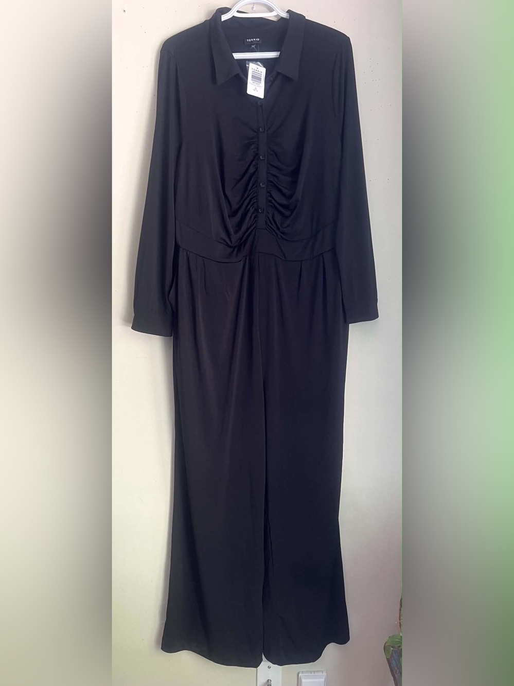 torrid Black Collared Long-Sleeve Ruched-Front Jumpsuit